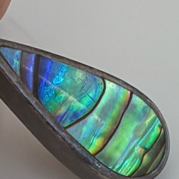 Vintage sajen silver & abalone rainbow dangle drop earrings - Picture 9 of 10